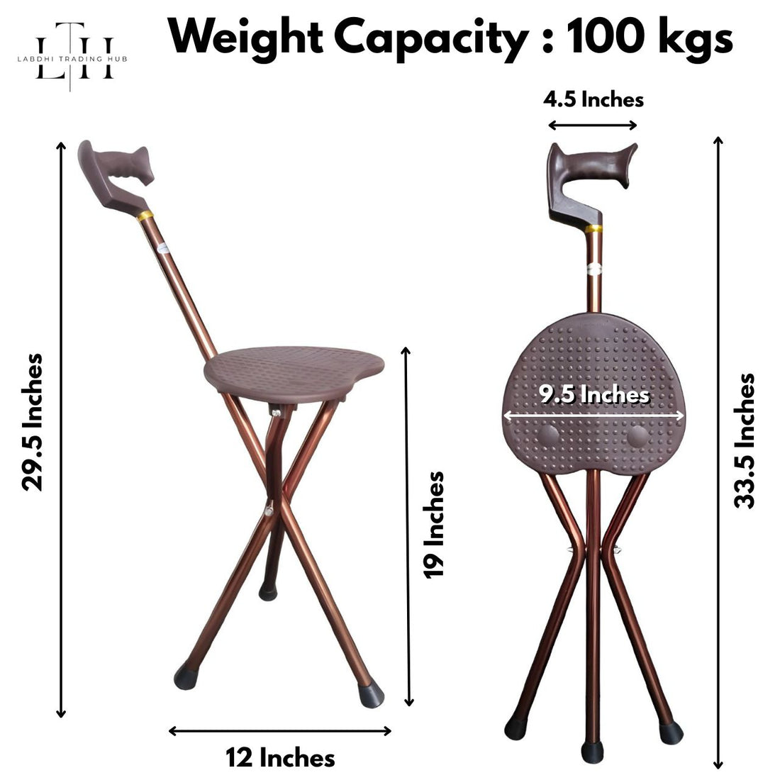 Measurement chart of a folding stool with weight capacity and dimensions on a white background.