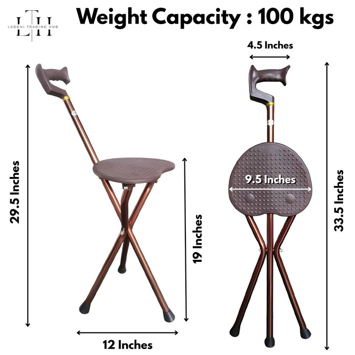 Measurement chart of a folding stool with weight capacity and dimensions on a white background.