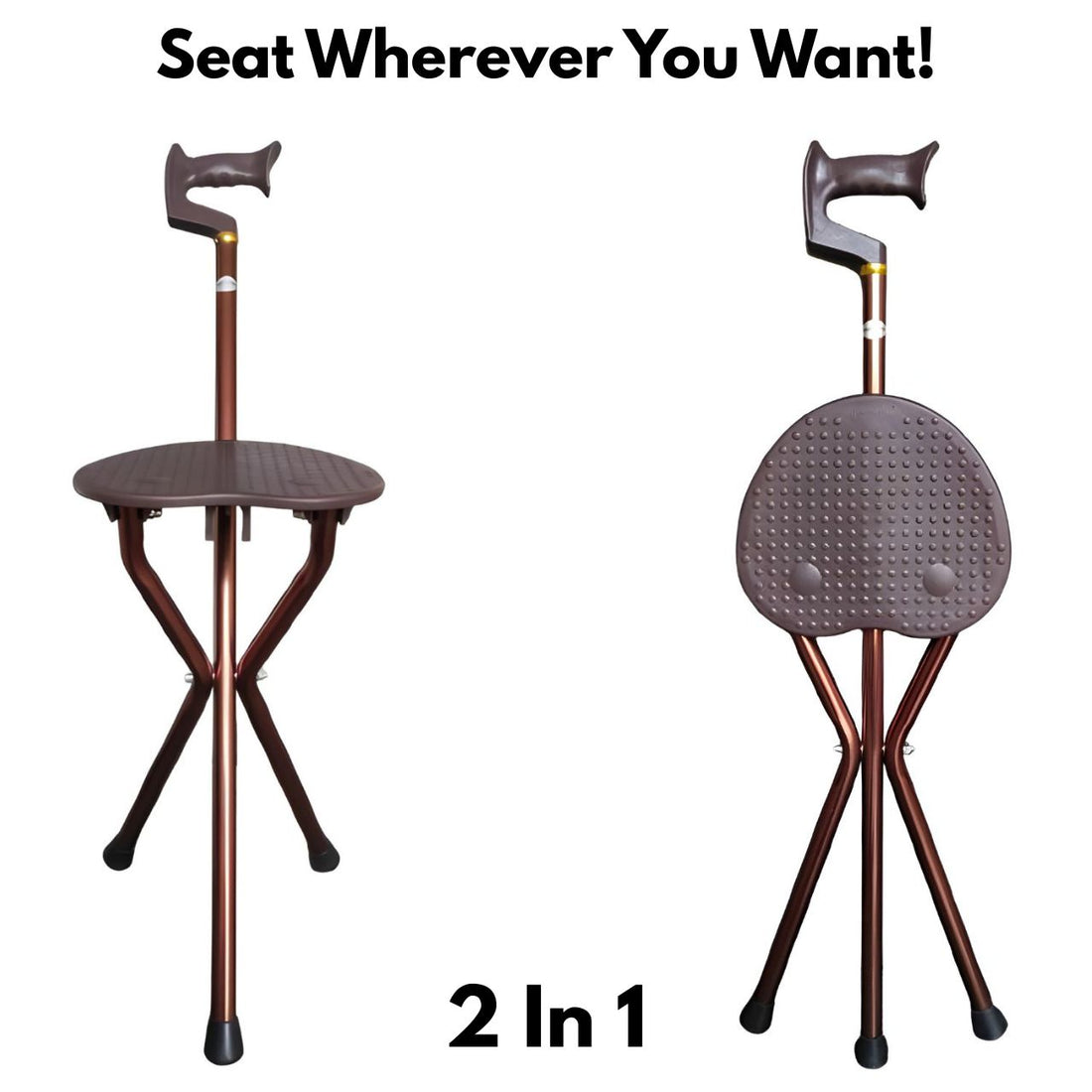 Two adjustable stools with canes on a white background, labeled 'Seat Wherever You Want! 2 In 1'.