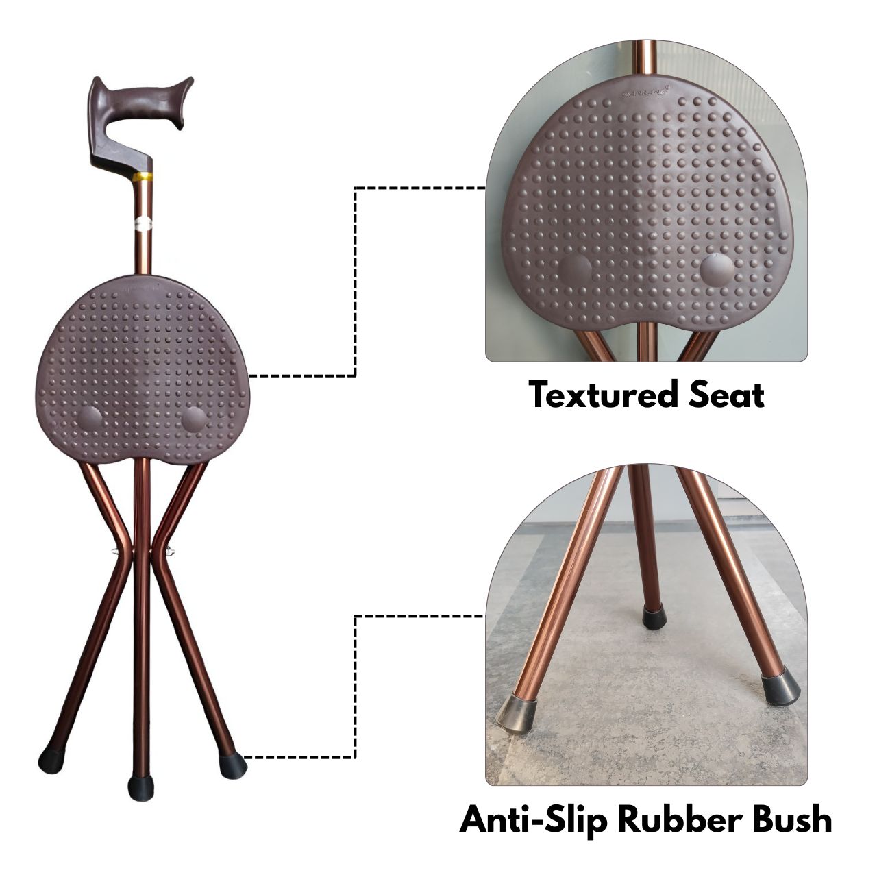 Cane with textured seat and anti-slip rubber bushing on a white background