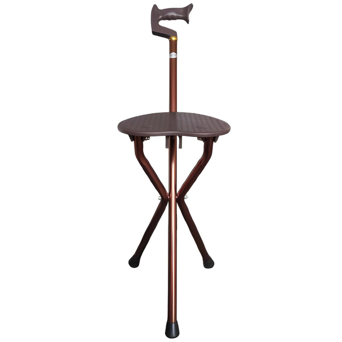 Brown walking cane with attached stool on a white background