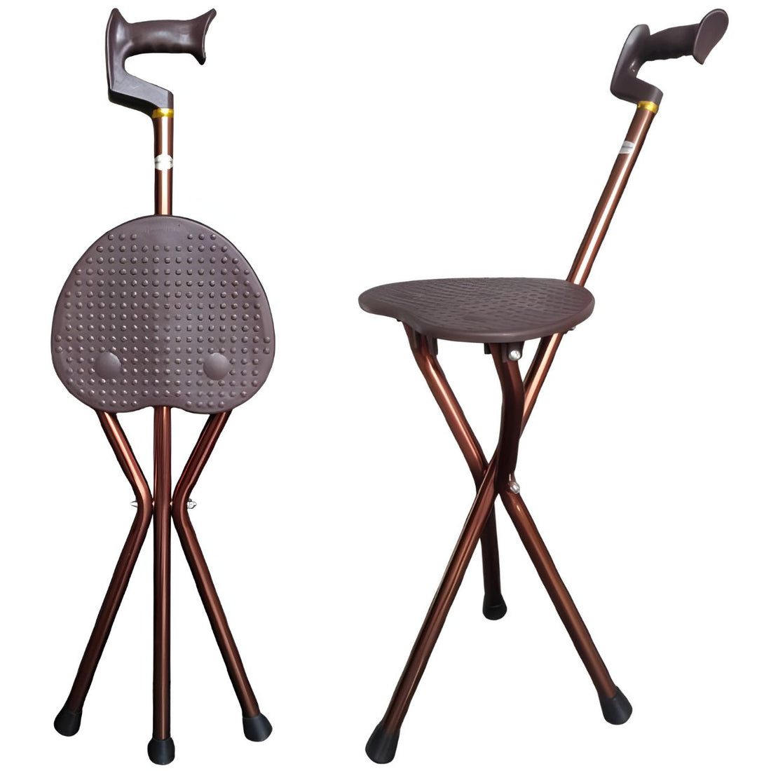 Two walking sticks with attached seats on a white background