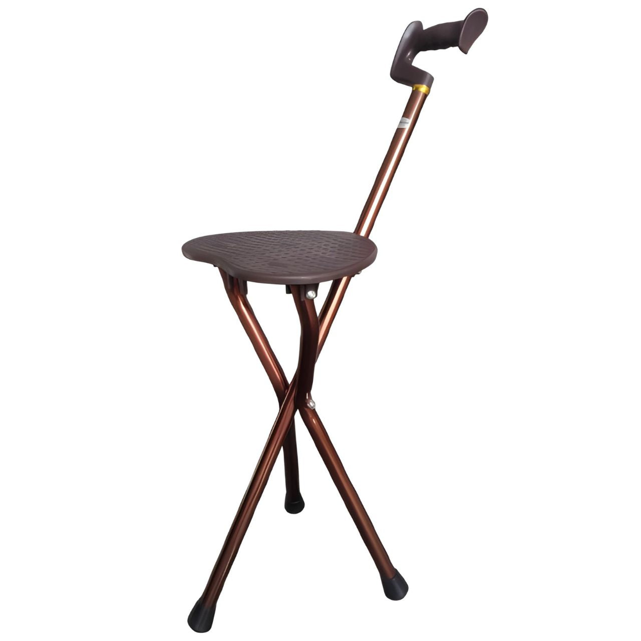 Wooden walking cane with attached seat on a white background