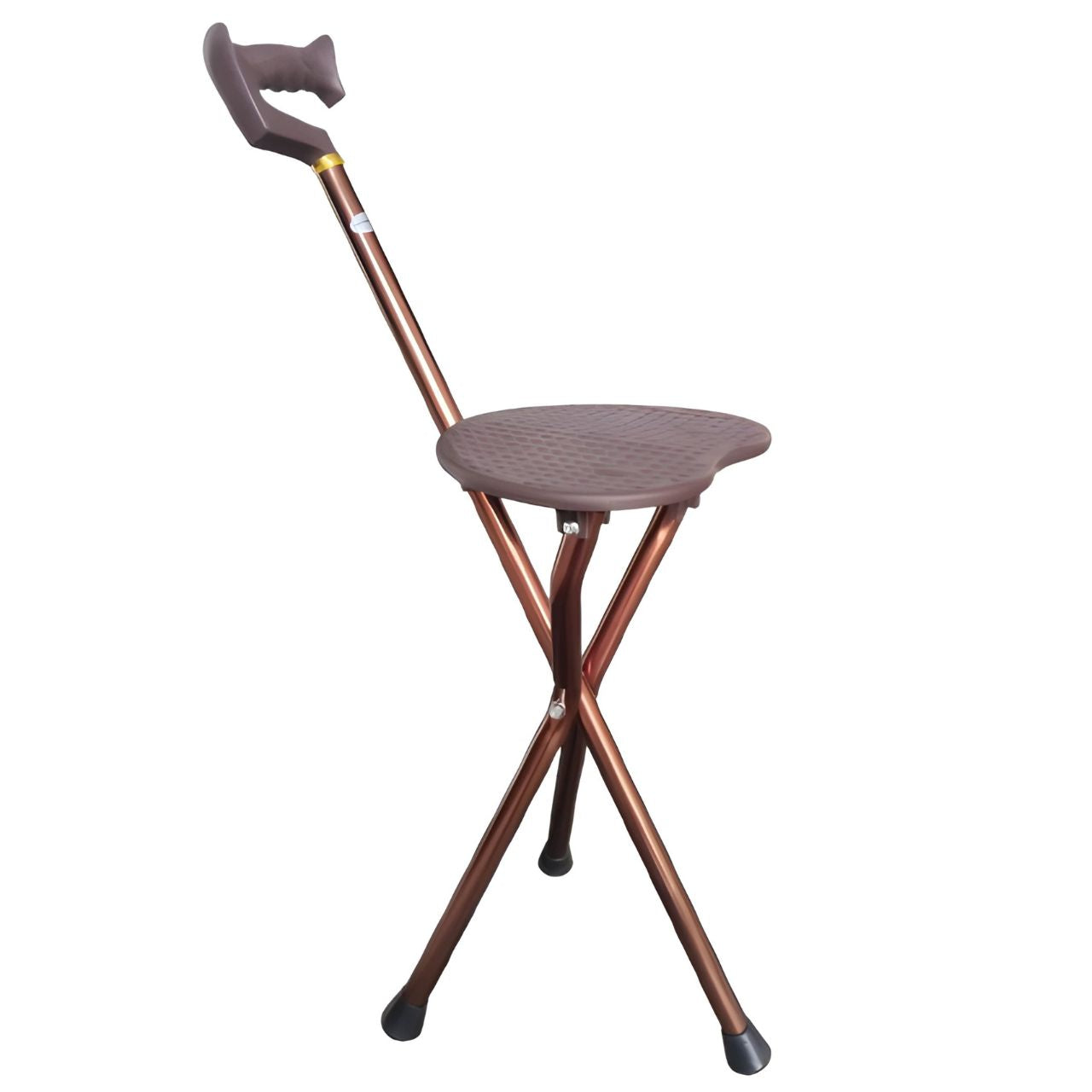 Brown folding stool with a cane-like design on a white background